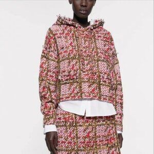 ZARA Plaid Pink Faux Pearls Embellished Hoodie Sweater & Skirt Set (Size L)